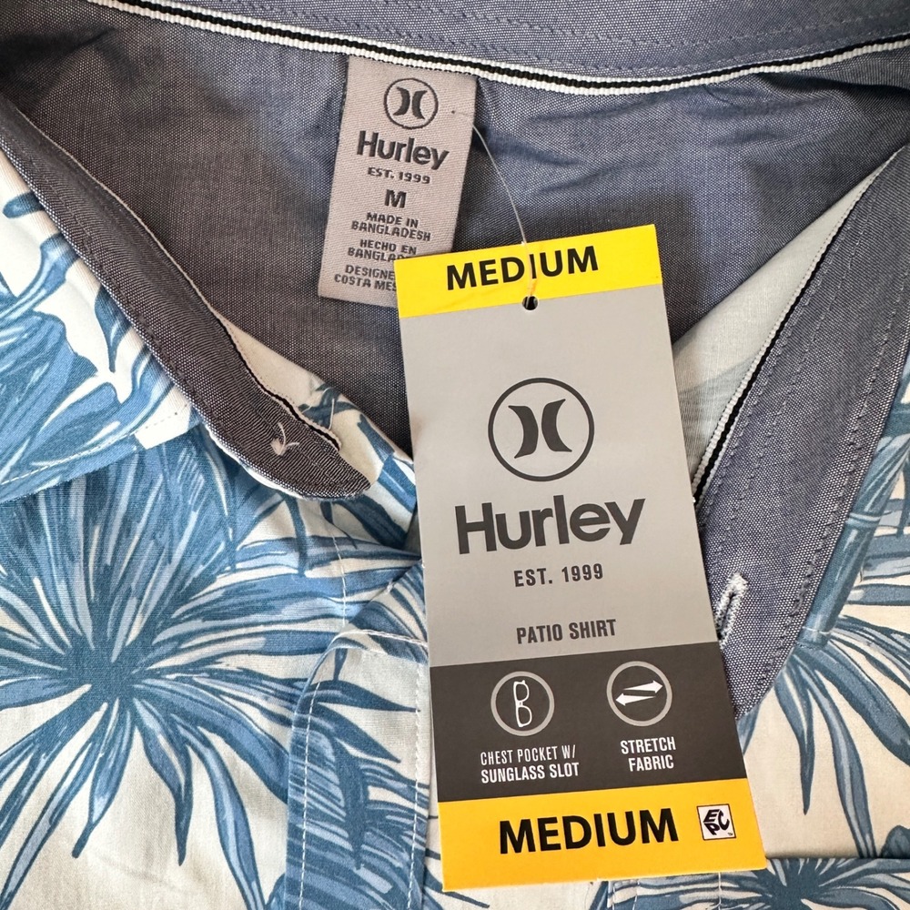 Hurley Patio Shirt Men Medium Hawaiian Tropical Button Up Blue Palm Stretch NWT - Picture 4 of 6